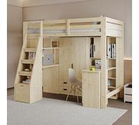 boorbin Letto a soppalco 90 x 200 cm, tavolo da lavoro con ripiani e armadi, scala di sicurezza con vano portaoggetti, con cassetti per riporre oggetti, letto singolo, letto per ragazzi (colore legno)