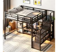 boorbin Letto a soppalco da 140 x 200 cm, con supporto TV, presa e scala di sicurezza, robusta combinazione di metallo e legno, moderno e salvaspazio, letto a castello per bambini con pratico spazio