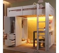 boorbin Letto a soppalco da 90 x 200 cm, con 4 cassetti e 1 armadietto, scrivania sotto il letto, armadio aperto, luce LED e USB, bianco (90 x 200 cm)