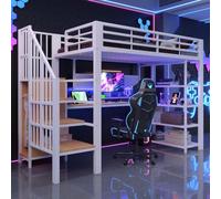 boorbin Letto a soppalco in ferro, 90 × 200 cm, scrivania lunga e parete forata, con prese europee e barra luminosa a LED, ripiani multipiani, recinzione alta, bianco