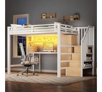 boorbin Letto a soppalco in metallo, 140 x 200 cm, con scrivania, scaffale, armadio e scala portaoggetti, bianco