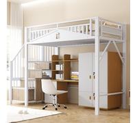 boorbin Letto a soppalco in metallo 90 x 200 cm, alloggiamento di sicurezza unico con finestra, scala di sicurezza con armadietto (bianco)