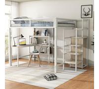 boorbin Letto a soppalco, letto in ferro, scaletta ripiani, senza materasso, armadio a muro, scrivania (bianco, 140 x 200 cm)