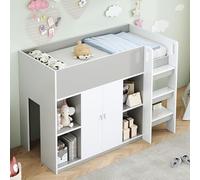 boorbin Letto a soppalco multifunzione 90 x 200 con vano portaoggetti, armadio e scaffali, lettino con scala e struttura stabile (grigio)