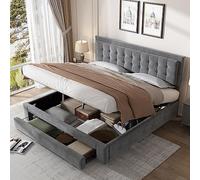 boorbin Letto con cassettiera e cassetti, tessuto di velluto, letto imbottito, rete a doghe, letto matrimoniale, grande spazio di archiviazione, 180 x 200, grigio