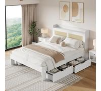 boorbin Letto da 140 x 200 cm, letto matrimoniale, in legno massello con decorazione rattan, cassetti, con spazio di archiviazione, senza materasso, adatto per adulti e ragazzi, bianco