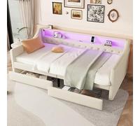 boorbin Letto da giorno 90 x 200 cm, divano letto, letto con rete a doghe (senza materasso), luce ambientale con telecomando, letto con due cassetti, presa USB, linea (beige)