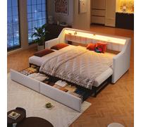 boorbin Letto giornaliero, divano letto, 90 x 200 cm, con USB e Type-C, barra LED con telecomando, con 2 cassetti, tasche per riporre oggetti, letto estraibile multifunzionale, senza materasso (beige)