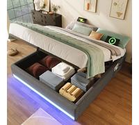 boorbin Letto imbottito, 140 x 200 cm, barra LED telecomandabile, con USB e tipo C, con piccole tasche, senza design testiera, funzione di archiviazione idraulica, nessun materasso (grigio)