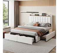 boorbin Letto imbottito 140 x 200 cm, comodino con porta di ricarica USB e ripiano, letto doppio piatto con 4 cassetti, tessuto di lino (beige)