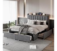 boorbin Letto imbottito 140 x 200 cm, comodino con porta di ricarica USB e ripiano, letto doppio piatto con 4 cassetti, tessuto di lino grigio