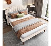 boorbin Letto imbottito 140 x 200 cm, con rete a doghe e testiera, per ragazzi e adulti, supporto per doghe in legno, facile da montare, velluto (beige)