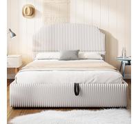 boorbin Letto imbottito 140 x 200 cm, dotato di funzione di stoccaggio idraulica e spazio di archiviazione, letto matrimoniale, morbido tessuto felpato a righe, con una testiera larga (bianco +