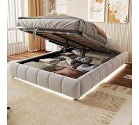 boorbin Letto imbottito 140 x 200 cm, senza testiera, con striscia luminosa a LED (tinta unita), telaio idraulico con spazio di archiviazione, letto singolo, letto per ragazzi (beige)