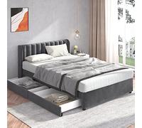 boorbin Letto imbottito 140 x 200 cm velluto con rete a doghe, schienale 2 cassetti (grigio)
