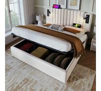 boorbin Letto imbottito 140 x 200, letto matrimoniale con funzione di ricarica USB, testiera, schienale con design rivetti, letto con rete a doghe e cassetta, cotone (beige senza materasso)