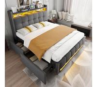 boorbin Letto imbottito 160 x 200 cm con illuminazione a LED e presa USB, testiera con ripiani e 4 cassetti, letto matrimoniale per adulti, tessuto di lino grigio