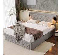 boorbin Letto imbottito 160 x 200 cm, con interfaccia downlight & USB, con letto portaoggetti idraulico, matrimoniale, rete a doghe in legno, lino, grigio