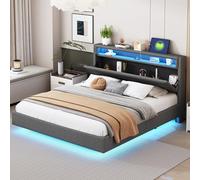 boorbin Letto imbottito 160 x 200 cm con presa USB e luce a LED, testiera reversibile, pediera nascosta, letto doppio, letto per ragazzi, letto per adulti, tessuto di lino (grigio)