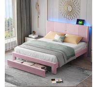 boorbin Letto imbottito 160 x 200 cm, letto matrimoniale con barra luminosa e presa USB, schienale e cassetto grande, letto matrimoniale delicato sulla pelle in tessuto di velluto, adatto per adulti e