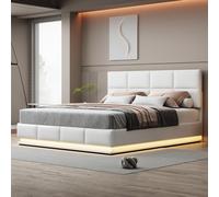boorbin Letto imbottito 180 x 200 cm, con illuminazione a LED e vano letto idraulico sollevabile, cassetta del letto e rete a doghe, rivestimento in ecopelle, letto matrimoniale per adulti (bianco)