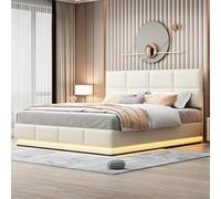 boorbin Letto imbottito 180 x 200 cm, con illuminazione a LED e vano letto idraulico sollevabile, per letto e rete a doghe, rivestimento in ecopelle, letto matrimoniale per adulti (beige)
