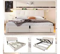 boorbin Letto imbottito, 180 x 200 cm, stoccaggio idraulico, con funzione di ricarica USB di tipo C, senza materasso, contenitore multifunzione, illuminazione a LED, pulsante/app, lino (beige, 180 x