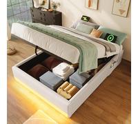 boorbin Letto imbottito, 90 x 200 cm, barra LED telecomandabile, con USB e tipo C, con piccole tasche, senza design testiera, funzione di archiviazione idraulica, nessun materasso (beige)