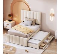 boorbin Letto imbottito 90 x 200 cm con letto pieghevole e cassetti, imbottitura in lino delicato sulla pelle, letto singolo piatto, letto per bambini, letto per gli ospiti (beige)