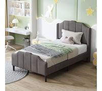 boorbin Letto imbottito 90 x 200 cm, con testiera, poggiapiedi e rete a doghe, colore rosa, velluto imbottito, letto per ragazzi (grigio)