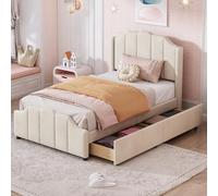 boorbin Letto imbottito 90 x 200 cm, struttura per letto con 2 cassetti portaoggetti con testiera, poggiapiedi e rete a doghe in velluto, letto matrimoniale per ragazzi (beige-2)