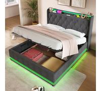 boorbin Letto imbottito a doppia betra, 360 surround, funzione LED, pulsante/app/telecomando, 140 x 200 cm, colore grigio, materiale in lino idraulico, testiera imbottita con funzione di ricarica USB