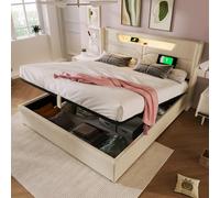 boorbin Letto imbottito a LED, letto matrimoniale con funzione di ricarica USB tipo C e illuminazione a LED, struttura in lino, letto per ragazzi 140 x 200 cm, con rete a doghe, senza materasso (beige