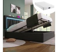 boorbin Letto imbottito a LED, letto matrimoniale con funzione di ricarica USB tipo C e illuminazione a LED, struttura in lino, letto per ragazzi 140 x 200 cm, con rete a doghe (grigio con materasso)