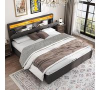 boorbin Letto imbottito con illuminazione a LED, 160 x 200 cm, letto idraulico, con cassetto, testiera impilabile, letto matrimoniale, lino, grigio