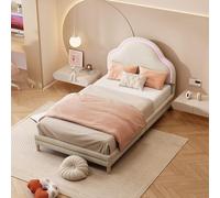 boorbin Letto imbottito con testiera a forma di nuvola, con strisce LED variabili multicolori, lettino con doghe in legno, letto singolo, velluto, beige, 90 x 200 cm