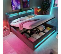 boorbin Letto imbottito con USB 140 x 200 cm, letto matrimoniale a LED con rete a doghe in metallo, struttura in lino, letto per ragazzi (senza materasso) (grigio)