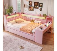 boorbin Letto imbottito da 140 x 200 cm, con porte USB e cintura LED, con letto estraibile e scrivania (rosa)