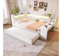 boorbin Letto imbottito da 140 x 200 cm, con porte USB e cintura LED, con letto estraibile e scrivania (bianco)