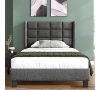 boorbin Letto imbottito dal design moderno, con testiera imbottita, letto singolo con rete a doghe, 90 x 200 cm, in lino, a media resistenza (senza materasso) (grigio)