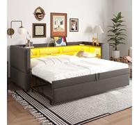 boorbin Letto imbottito divano letto estraibile 90/180 x 190 cm, dotato di luci a LED, prese e molti scomparti, letto imbottito, divano letto multiuso, letto singolo (grigio scuro)
