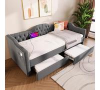 boorbin Letto imbottito, divano letto, letto con funzione di ricarica USB di tipo C e 2 cassetti, 90 x 190 cm, in lino, senza materasso (grigio)