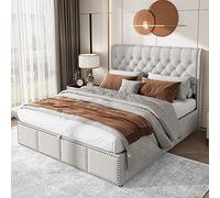 boorbin Letto imbottito in cotone e lino, con leva idraulica, per riporre cassette, rivetti, 140 x 200 cm, senza materasso