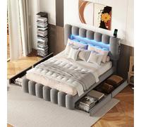 boorbin Letto imbottito, letto imbottito con 4 cassetti, letto imbottito con striscia luminosa a LED con USB e impianto stereo (grigio, 140 x 200 cm)
