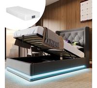 boorbin Letto imbottito letto matrimoniale 90 x 200 cm, materiale cotone, letto idraulico, testiera imbottita con funzione di ricarica USB di tipo C, funzione LED a 3 lati (con materasso) (grigio)