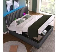 boorbin Letto imbottito, letto matrimoniale, con funzione di ricarica USB di tipo C, spazio e testiera regolabile, rete a doghe in legno, grigio, senza materasso (160 x 200 cm)