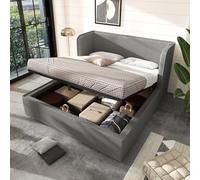 boorbin Letto imbottito, letto matrimoniale, idraulico, con schienale laterale largo e copripiumino rimovibile, struttura del letto con rete a doghe e spazio di archiviazione, lino (grigio-senza