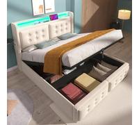 boorbin Letto imbottito, letto singolo con testiera a LED e funzione di ricarica USB C, letto idraulico con rete a doghe in legno e struttura in metallo, portata 150 kg, cotone, senza materasso (beige