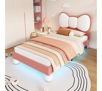 boorbin Letto imbottito, letto singolo, letto per bambini, testiera a forma di lilla, striscia luminosa a LED regolabile sotto il letto, stabile rete a doghe in velluto, bel design, 90 x 200 cm (beige