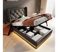 boorbin Letto imbottito, letto singolo, nero, materiale PU, letto idraulico, testiera imbottita con funzione di ricarica USB di tipo C, funzione LED a 3 lati, senza materasso (90 x 200 cm)